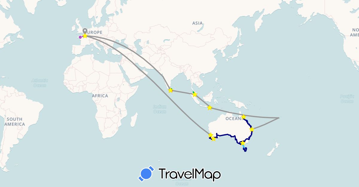 TravelMap itinerary: driving, bus, plane, train, boat, tout-touc in Australia, Fiji, France, Indonesia, India, Sri Lanka, Malaysia, Qatar (Asia, Europe, Oceania)